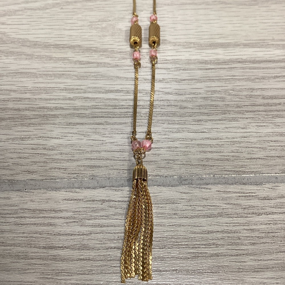 Goldtone 16"‎ Necklace with Pick Stones and Tassel Pendant Vintage